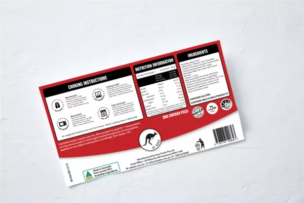 back of the ready made oz bake bbq chicken pizza single packaging showing all the cooking instructions including the air fryer, microwave, pie warmer or oven, perfect for any school canteen, cafe, supermarket or home