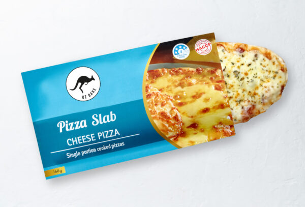 oz bake cheese pizza slab open front view, showing the pizza ready to eat from it's pie warmer ready packaging.
