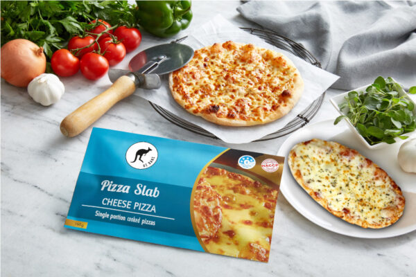 oz bake cheese pizza slab next to it's colourful packaging made for pubs clubs, canteens and supermarkets