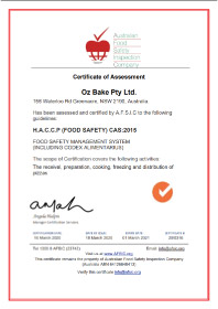 haccp certificate for oz bake