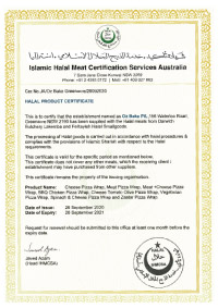 halal certificate for pizzas at oz bake