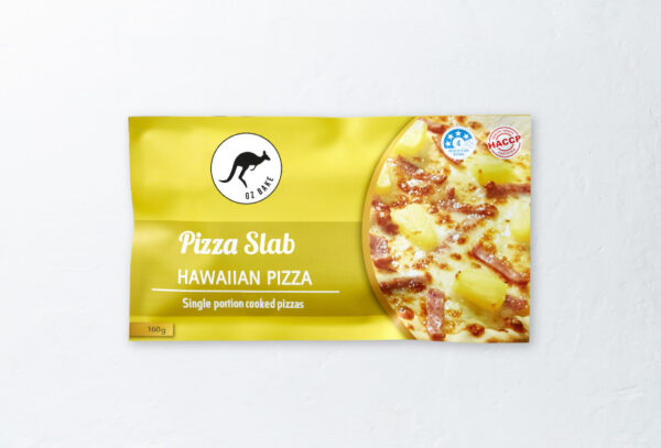The closed view of the halal Hawaiian pizza that is pre packaged, perfect for any café, food outlet, sports venue, petrol station or convince store