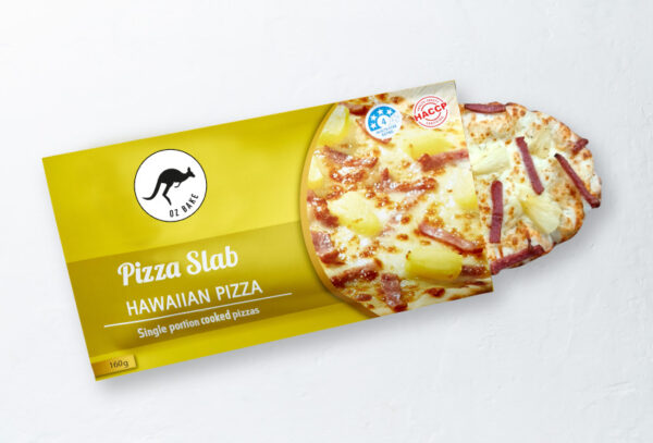 The closed view of the halal Hawaiian pizza that is pre packaged, perfect for any cafe, food outlet, sports venue, petrol station or convivence store, eat it straight from the package from your pie warmer